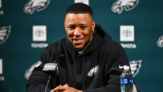 Philadelphia Eagles running back Saquon Barkley during his introductory press conference.